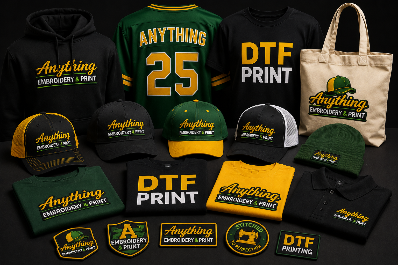 Custom apparel assortment with hats, hoodies, tote bag, and jerseys